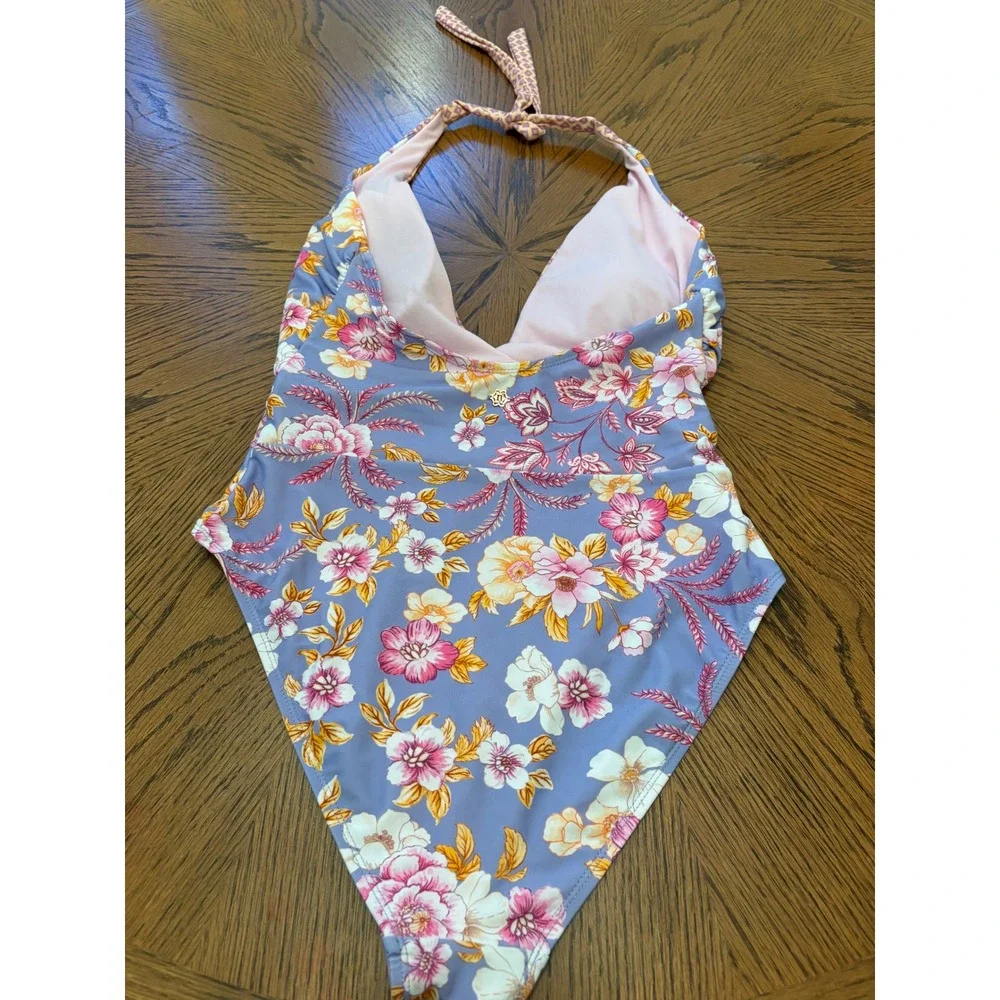 Nanette Lepore Floral Halter One Piece Swimsuit Purple Periwinkle Size 8 - Picture 7 of 8